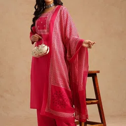 GULMEHAK Ethnic Motifs Embroidered Thread Work Pure Cotton Kurta With Palazzos & Dupatta-picture-23