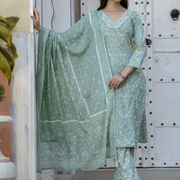 Anouk Women Floral Printed Regular Aari Work Pure Cotton Kurta with Trousers & With Dupatta-12