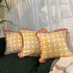 LUSHLYF White & Yellow 3 Pieces Ethnic Motifs Pure Cotton Square Cushion Covers-29
