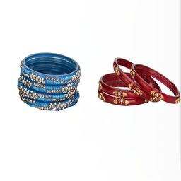 1ST TIME Set Of 8 Blue Alloy Artificial Stones & Beads Bangles-picture-42