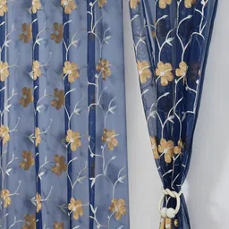 Aura Navy Blue & Gold-Toned Set of 2 Embroidered Sheer Window Curtain-image-18