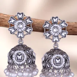 Sangria Silver-Plated Kundan-Studded & Beaded Oxidised Dome Shaped Jhumkas-15