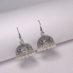 HOPMEE Brass Silver-Plated Oxidised Pearls Dome Shaped Jhumkas-4