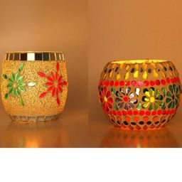 Somil Vibrant Multicolor Glass Candle Holder Add A Touch Of Magic To Diwali, Parties & Candlelight Dinners, Size-8.5 X 8.5 X 9 Cm , 11 X 11 X 8 Cm Pack OF 2-image-99
