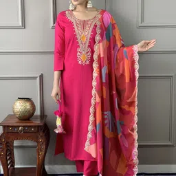 CANBIA Floral Yoke Design Round Neck Chanderi Silk Straight Kurta With Trousers & Dupatta-38