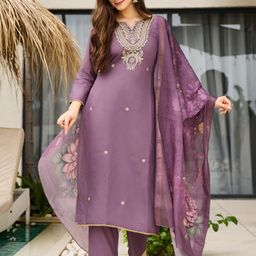 CaniBani Women Mauve Embroidered Chanderi Silk Kurta & Trousers With Dupatta-picture-5