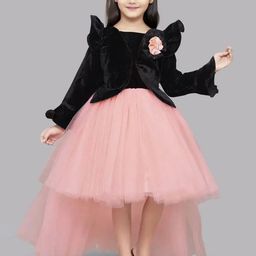 BAESD Girls Puff Sleeve Applique Net Midi Fit and Flare Dress-image-25