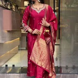 KALINI Floral Embroidered Straight Kurta With Trousers & Dupatta-21