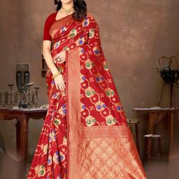 SAREEFLAME Floral Woven Design Zari Pure Silk Banarasi Saree With Blouse-image-48
