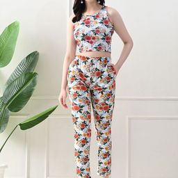 FLYING FEST Floral Printed Round Neck Crop Top & Trousers-image-72