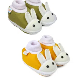 Neska Moda 3 To 12 Months Baby Boys & Baby Girls 2 Pair Combo Pack Cute Soft Cotton Rabbit Booties (Toe to Heel Length - 12 cm, Mehndi, Turmeric)-75