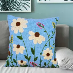 TANLOOMS Teal & White Embroidered Linen Square Cushion Covers-image-92