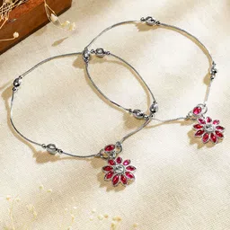 Rubans Set of 2 Oxidised Silver-Plated Ruby Pink & White Kundan Stone Floral Charm Anklet-83