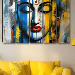 Aura Yellow & Blue 5 Piece Synthetic Wood Religious Wall Paintings-image-80