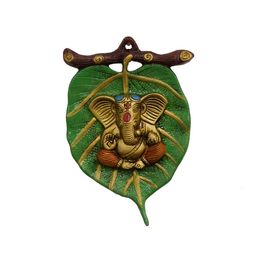 CRAFTAM Green & Red Lord Ganesha In Dhoti On Leaf Wall Hanging-image-24