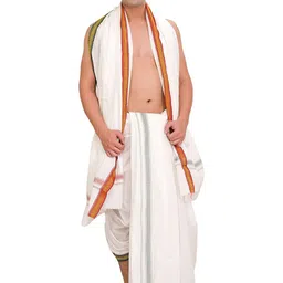 Exotic India Pure Cotton Egret-White Dhoti and Angavastram Set with Zari Weave on Border-picture-41