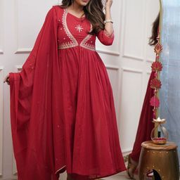 JAPNAAM Women Embroidered Pleated Thread Work Kurta with Trousers & With Dupatta-picture-16