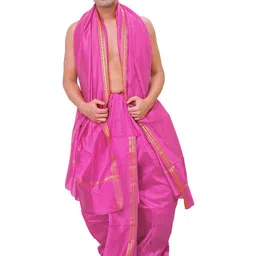 Exotic India Men Woven Golden Border Ready to Wear Dhoti and Angavastram Set-picture-15