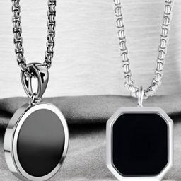 Nitant Set of 2 Men Silver-Plated Square & Circular Pendants with Chains image 3