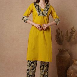 FASHOR Women Floral Yoke Design Regular Sequinned Pure Cotton Kurta with Palazzos-8