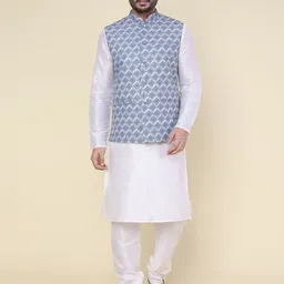 W & G Mandarin Collar Straight Kurta with Churidar & Nehru Jacket-image-98