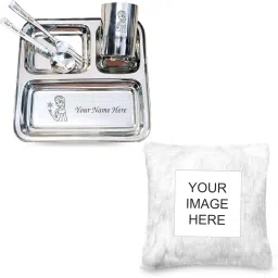 Stainless Steel Birthday Combo for Kids - Custom Photo LED Cushion & 3-Compartment Plate Dinner Set-image-55