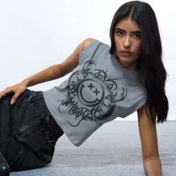 The Souled Store Smiley Women Graphic Printed Sleeveless Cotton Crop Top-picture-30