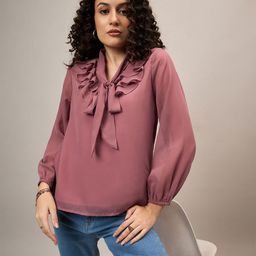 The Roadster Lifestyle Co. Solid Tie-Up Neck Ruffled Long Sleeves Top-image-52