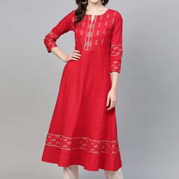 IKRASS Floral Printed Notch-Neck Straight Cotton Kurta-image-32