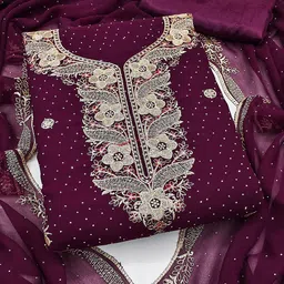 HERE&NOW Floral Embroidered Beads and Stones Georgette Unstitched Dress Material-image-95