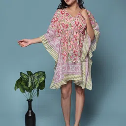 Bohekant Floral Women Printed Cotton Kimono Sleeve Kaftan Dress-picture-37