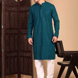 House of Pataudi Shimmering Sequin Exquisite Chikankari Straight Kurta-image-55