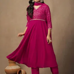 Sangria Floral Yoke Design Empire V-Neck Georgette Anarkali Kurta With Trouser And Dupatta-image-39