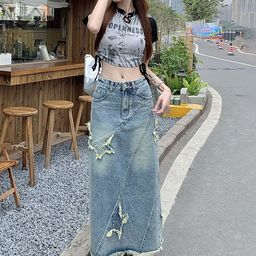 LULU & SKY Retro Raw Detail Denim Maxi Skirt-image-22