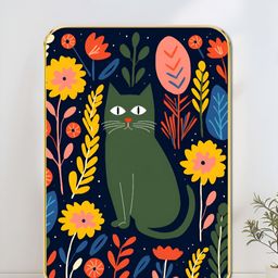 SAF Black & Green Cat Floral Printed Wall Art-image-93