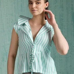 4WRD by Dressberry Women Striped Peter Pan Collar Ruffles Cotton Shirt Style Top-picture-10