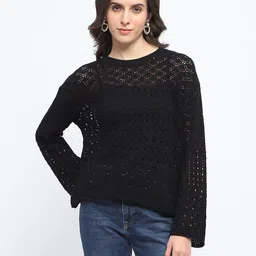 Madame Women Self Design Pullover Open Knit Acrylic Sweaters-picture-8