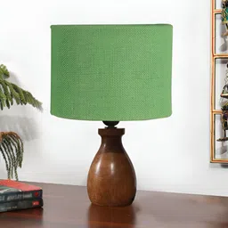 Aura Green Textured Wooden Cylindrical Shaped Table Lamp-33