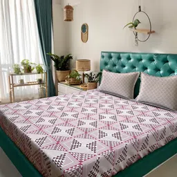 KLOTTHE Pink & Brown Geometric Printed Cotton 400 TC King Bedsheet Sets 2.5 m x 2.25 m-6
