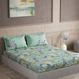 DDecor Elemental Green & White Floral Printed Cotton 145TC Queen Bedsheet Set 2.74 x 2.54m-image-81