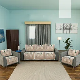Aura Brown & White 10 Pieces Printed Velvet 5 Seater Sofa Covers-image-54