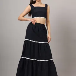 CHARMGAL Self Design Square Neck Sleeves Pure Cotton Top With Skirt-picture-8
