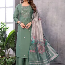 SUNDARNAARI Floral Embroidered Thread Work Kurta with Palazzos & Dupatta-2