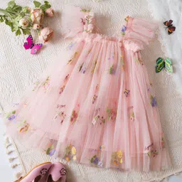 INCLUD Girls Floral Embroidered Flutter Sleeve Tulle A-Line Dress With Appliqued Butterfly-image-73