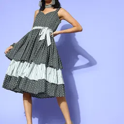 BAESD Women Ethnic Motifs Printed Layered Pure Cotton Fit and Flare Midi Dress-image-34