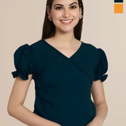 Mast & Harbour Pack of 2 Solid V Neck Puff Sleeves Top-image-64