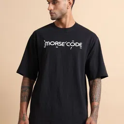 MORSE CODE Typography Printed Drop-Shoulder Sleeves Pure Cotton Oversized T-shirt-85