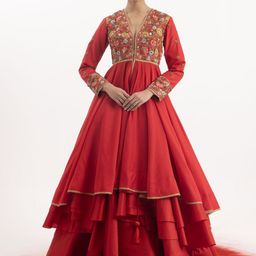 SAMANT CHAUHAN Floral Embroidered Cotton Silk Fit & Flare Maxi Ethnic Dress-image-45