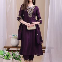 KALINI Ethnic Motifs Embroidered Thread Work Kurta With Trousers & Dupatta-image-102