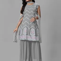 PARROT CREATION Floral Embroidered Sequinned Georgette A-Line Kurti With Sharara & Dupatta-image-23